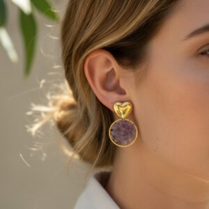 NIMHA Amethyst Heart Drop Earrings-Gold plated - NI 015EL