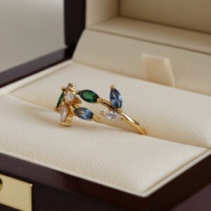 NIMHA 925 Silver Elegant Multicolour Leaf adjustable Ring-NI 006RM
